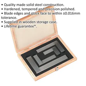 4 Piece Precision Steel Square Set with Wooden Case - Durable and Accurate Tools