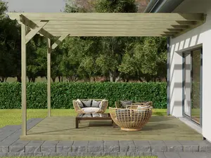 Wall mounted pergola and decking complete diy kit, Ovolo design (4.2m x 4.2m, Light green (natural) finish)