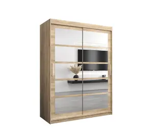 Roma II Oak Sonoma Spacious Sliding Door Wardrobe H2000mm W1500mm D620mm with Mirrored Panels and Silver Handles