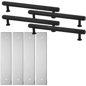 4 PACK - Pull Handle & Contrasting Backplate Set - Industrial Hex T Bar - Matt Black & Chrome