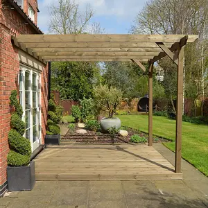 Wall Mounted Garden Pergola and Decking Kit - Wood - L480 x W480 cm - Rustic Brown