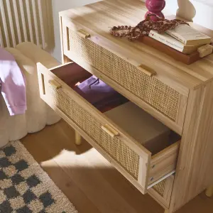 sweeek. 3-drawer chest with cane and wooden effect Camargue Natural 80x40x80 cm