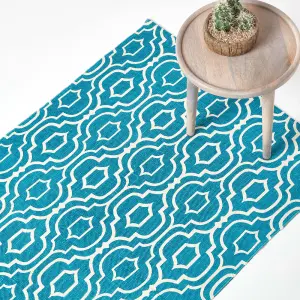 Homescapes Riga Teal and White 100% Cotton Printed Patterned Rug, 120 x 170 cm