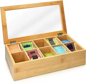 Navaris Bamboo Tea Box - Chest Organiser With 10 Compartments For Tea Bags - Wooden Case Container With Transparent Lid For Individual Tea Bag