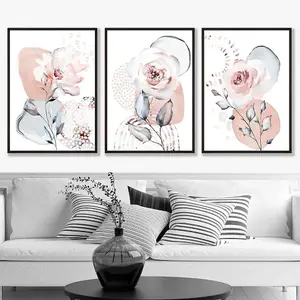 Abstract Blush Pink and Grey Floral Wall Art Prints / 42x59cm (A2) / Black Frame