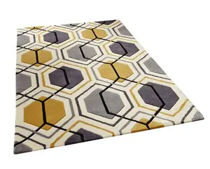 Grey/Yellow Geometric Handmade Modern Easy to clean Rug for Dining Room Bed Room and Living Room-90cm X 150cm