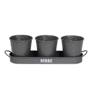 simpa 3PC Grey Herb Pot Planters with Embossed Decorative Finish & Tray