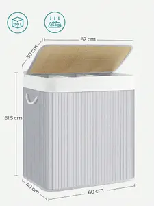 SONGMICS Laundry Hamper Basket With 3 Sections, Clip-On Lid And Handles, 150L Foldable, For Laundry Room, Bedroom, Bathroom, Grey