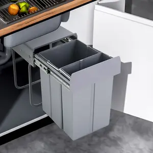 Pull Out Kitchen Bin Recycling Bins for Kitchen Built-In Waste Bins (10+20)L Removal Container with Fixing Waste Brackets Grey