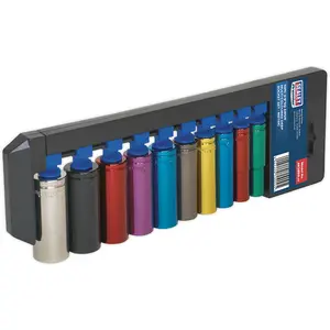 10 Pack Multi-Colored Deep Socket Set - 3/8" Metric Square Drive with Lifetime Guarantee