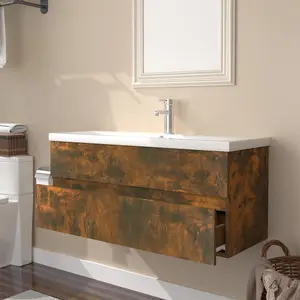 Berkfield Sink Cabinet with Built-in Basin Smoked Oak Engineered Wood