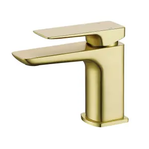 Nes Home Modern Cloakroom Brushed Brass Square Basin Mono Mixer Tap + Waste