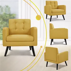 Yaheetech Yellow Fabric Armchair Tufted Accent Chair with Rubber Wooden Leg