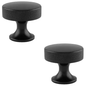 2 PACK - Knurled Flared Stem Cabinet Door Knob - 38mm Matt Black Cupboard Pull Handle