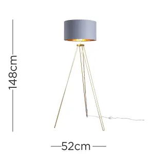 ValueLights Aero Modern Gold Hairpin Design Tripod Floor Lamp with Grey/Gold Drum Shade - Includes 6w LED GLS Bulb 3000K