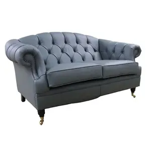 Chesterfield Handmade 2 Seater Sofa Settee Piping Grey Leather In Victoria Style