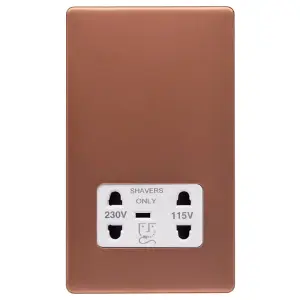 Brushed Copper Screwless Plate Shaver Socket 230/115V Plate - White Trim - SE Home