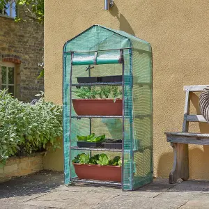 4 Tier GroZone Mini Greenhouse - Garden Growhouse with Steel Frame, PE Cover, Zip Up Panel & 4 Shelves - H150 x W70 x D50cm