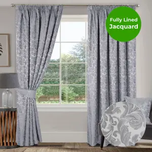 Home Curtains Buckingham Damask Fully Lined 65w x 54d" (165x137cm) Grey Pencil Pleat Curtains (PAIR)