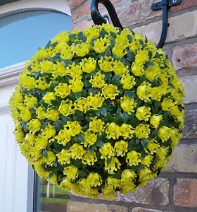 Best Artificial 28cm Yellow Rose Hanging Basket Flower Topiary Ball - Suitable for Outdoor Use - Weather & Fade Resistant