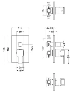 Ripple Contemporary Bathroom Square Concealed Manual Shower Valve with Diverter and Lever Handle, 180mm, Chrome - Balterley