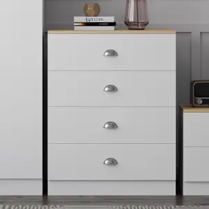 4 Drawer Chest Of Drawers Matt White Finish With Light Oak Top