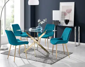 Furniturebox UK Leonardo 4 Gold Dining Table and 4 Blue Pesaro Gold Leg Chairs