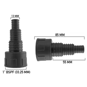 multi-step hosetail for pond pumps/filters fits 13-20-25mm hose,1" bsp female thread-measures 33.3mm across the thread