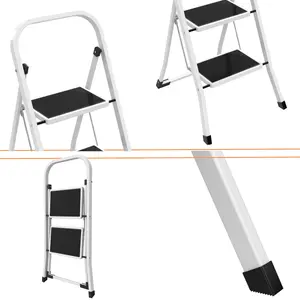 Lightweight 2 Step Ladder 32.2'' (82cm) High - White Portable Folding Ladder - Small, Compact, and Functional Steel Step Ladder