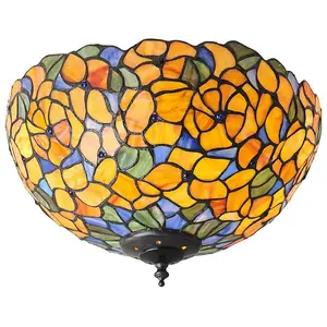 Tiffany Glass Semi Flush Ceiling Light Yellow Flower Round Inverted Shade i00052