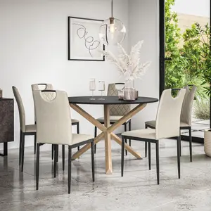 Malvern Round Dining Table And Chairs -  Black Table Top w Solid Oak Legs + Monza Fabric Dining Chair Set Of 6 (Beige)