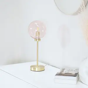 ValueLights Frenchie Brushed Gold Metal Table Lamp with Pink Tinted Glass Globe Shade - LED Bulb Included