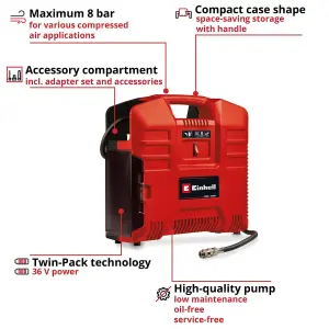 Einhell Portable Compressor 90L/min 36V With Accessory Kit 8 Bar Power X-Change PXC TE-AC 36/8 Li OF Set - Solo - Body Only