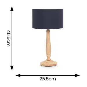 ValueLights Victoria Traditional Light Wood Candlestick Table Lamp with Navy Blue Drum Shade