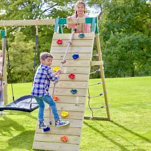 Rebo Wooden Climbing Frame with Swings, Slide, Up & over Climbing wall and Monkey Bars - Pyrennes Pink