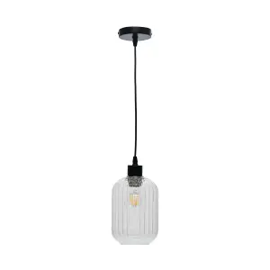 First Choice Lighting Batley Clear Ribbed Glass with Black Pendant Fitting