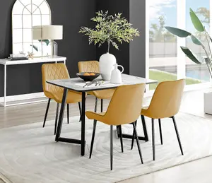 Carson 4 Seater White Marble Effect Rectangular Scratch Resistant Dining Table with 4 Mustard Pesaro Velvet Black Leg Chairs