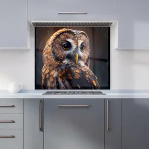 Tawny Owl Face Splashart Dark Background Premium Glass Kitchen Splashback W600mm x H750mm