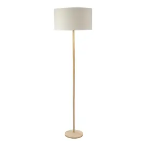 ValueLights Triston Natural Light Wood Stem Floor Lamp with Linen White Trim Drum Shade and LED Bulb