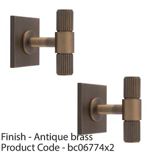 2 PACK - Reeded T Bar Cabinet Door Knob & Matching Backplate - Antique Brass 40 x 40mm