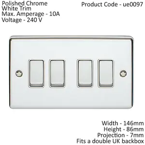 4 Gang Quad Light Switch POLISHED CHROME 2 Way 10A White Trim & Metal Rocker