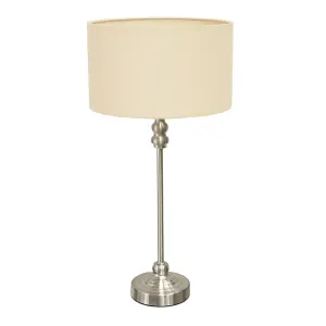 ValueLights Maggie Brushed Chrome Candlestick Table Lamp with Natural Fabric Drum Shade and LED Bulb