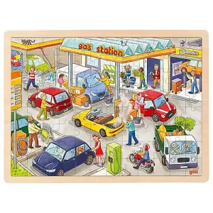 Wooden Jigsaw Puzzle Petrol Station Childrens 96 Piece Activity Toy Set - Age 3+