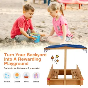 Costway Kids Wooden Sandbox with Canopy Kids Play Station with 2 Benches