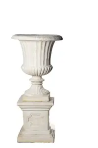 PAIR Giant Fluted White Stone Cast Vases On Plinths 154cm tall