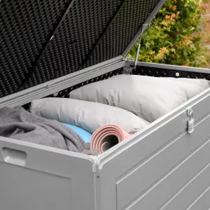 Outdoor Garden Storage Box Plastic Shed - Weatherproof & Sit On with Wood Effect Chest (680L, Anthracite)