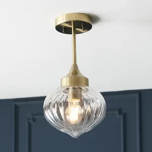 Semi Flush Ceiling Light Fitting - Antique Brass Plate & Ribbed Glass Shade