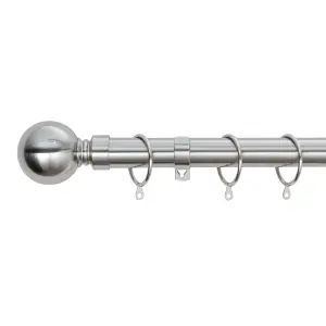 A.Unique Home Plain Round Ball Metal Extendable Curtain Pole with Rings and Fittings (25/28mm) - Brushed Steel, 120cm-220cm Approx