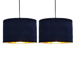 First Choice Lighting Set of 2 Sundance Navy Blue Velvet Pleated 30cm Lamp Shades with Gold Inner