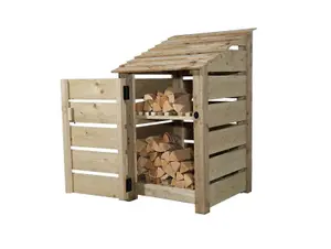 Slatted wooden log store with door and kindling shelf W-79cm, H-126cm, D-88cm - natural (light green) finish